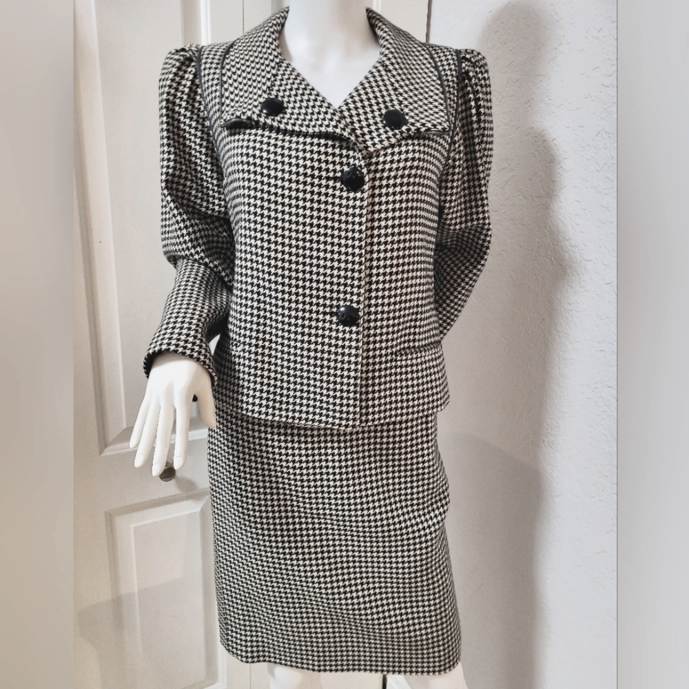 French Style Black and White Houndstooth Coat And Skirt